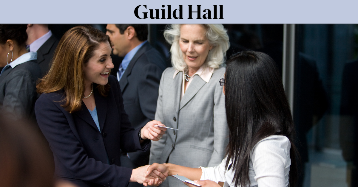 Professionals networking during a business event at Guild Hall in East Hampton, The Hamptons