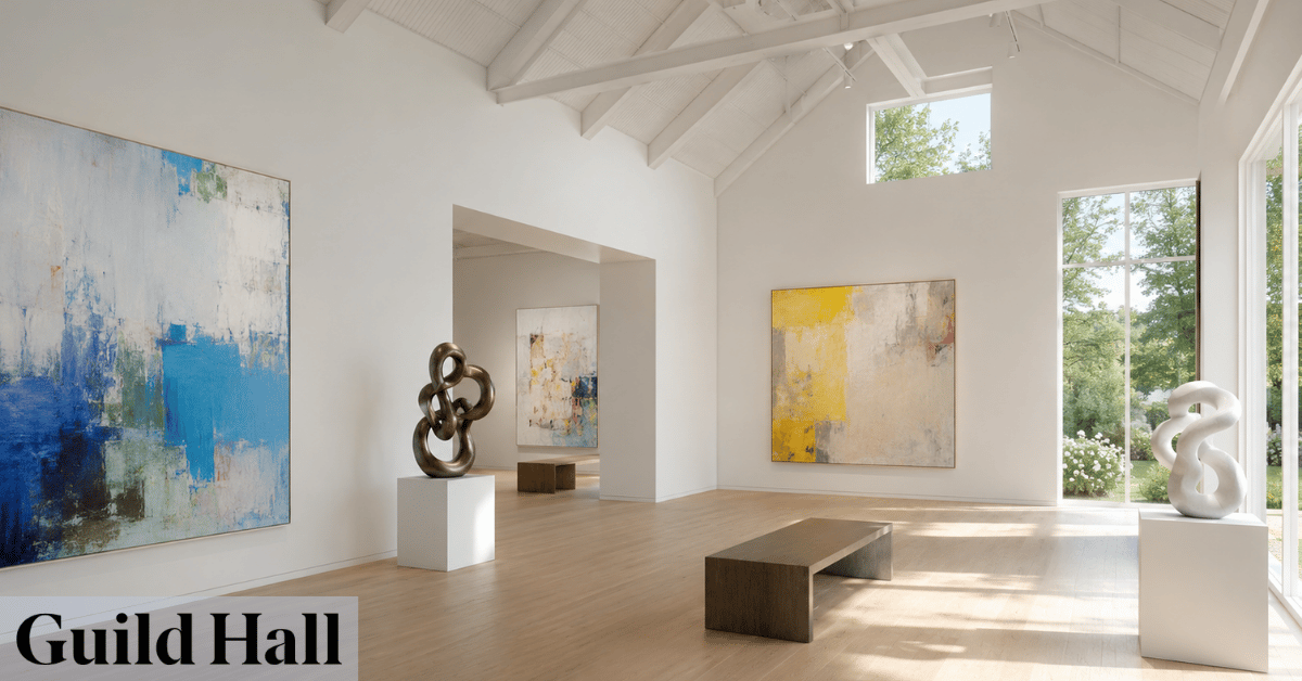 Contemporary art East Hampton gallery with abstract paintings and sculpture at a cultural museum