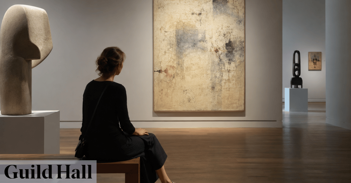 What makes a great museum exhibition with visitors observing artwork and exhibition design