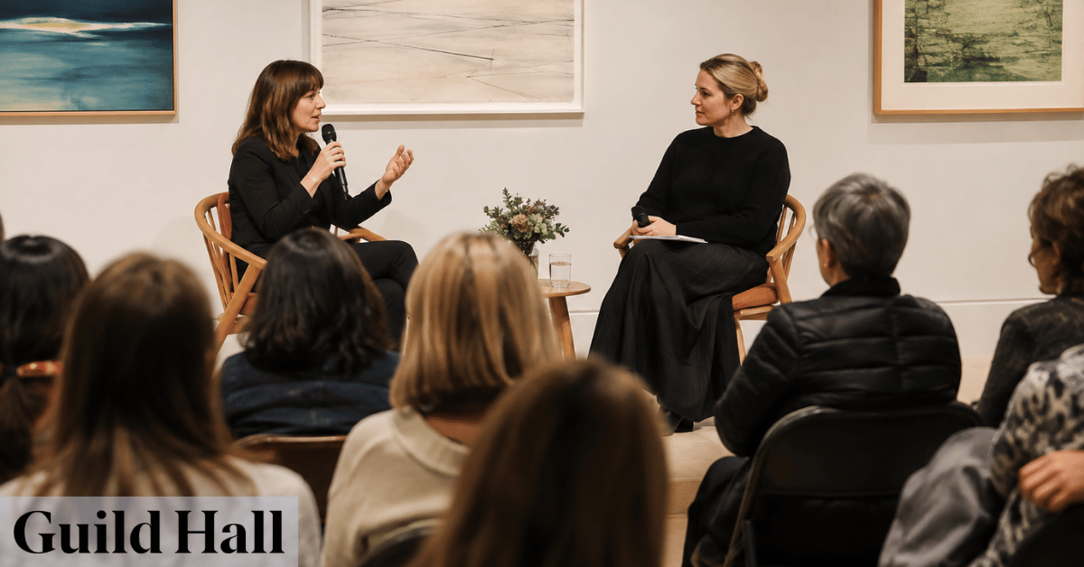 What to expect at an artist talk with visitors attending a cultural conversation at Guild Hall